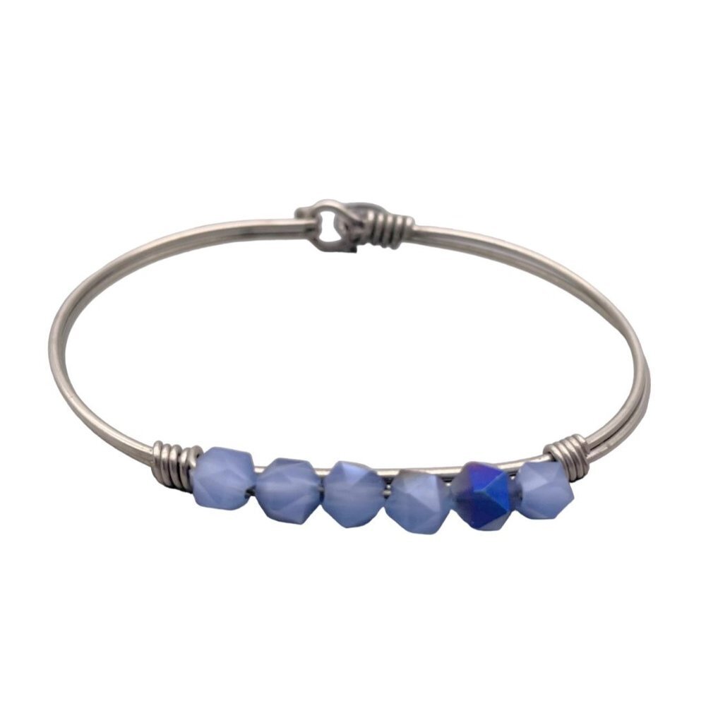 L+S Faceted Blue Beads Wire Bangle Bracelet Silver Tone Hook Closure